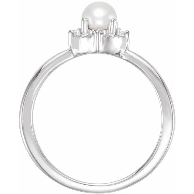 14K White Gold Cultured White Freshwater Pearl & .04 CTW Natural Diamond Halo-Style Ring