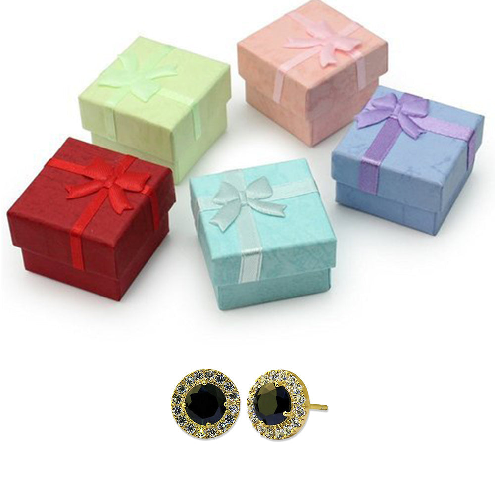 18K Yellow Gold Plated Halo Created Black Sapphire CZ Round 3CT Stud Earrings