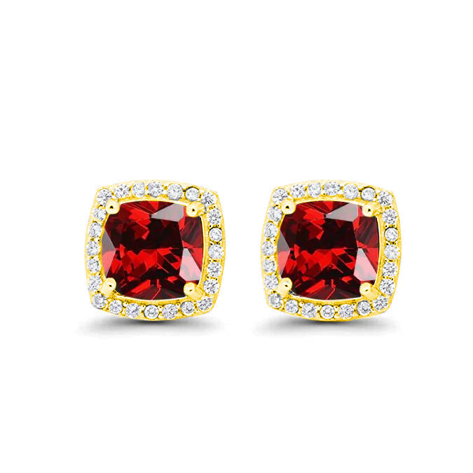 18k Yellow Gold Plated 1/4 Ct Created Halo Princess Cut Garnet Stud Earrings 4mm