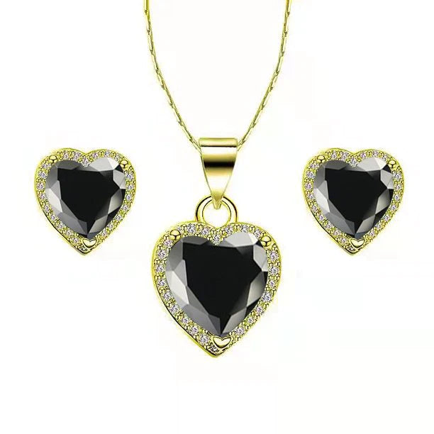 DiamondX 18k Yellow Gold Plated Heart 4 Carat Created Black Sapphire Full Set Necklace, Earrings 18 Inch