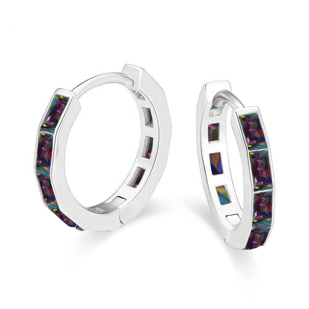 DiamondX 18K White Gold Created Mystic 3Ct Emerald Cut Huggie Hoop Earrings Plated