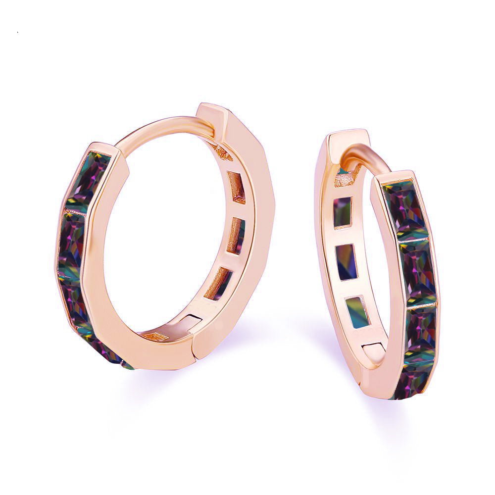 DiamondX 18K Rose Gold Created Mystic 3Ct Emerald Cut Huggie Hoop Earrings Plated