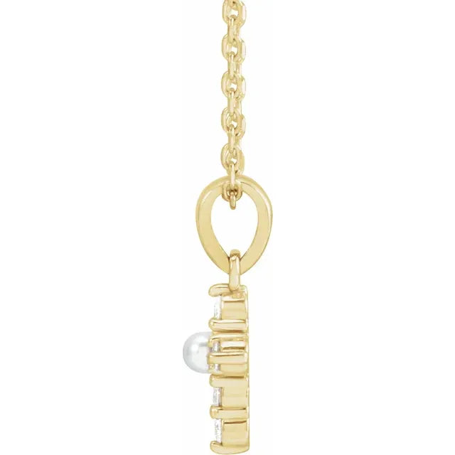 14K Yellow Gold Cultured White Seed Pearl & .07 CTW Natural Diamond Cross 16-18" Necklace