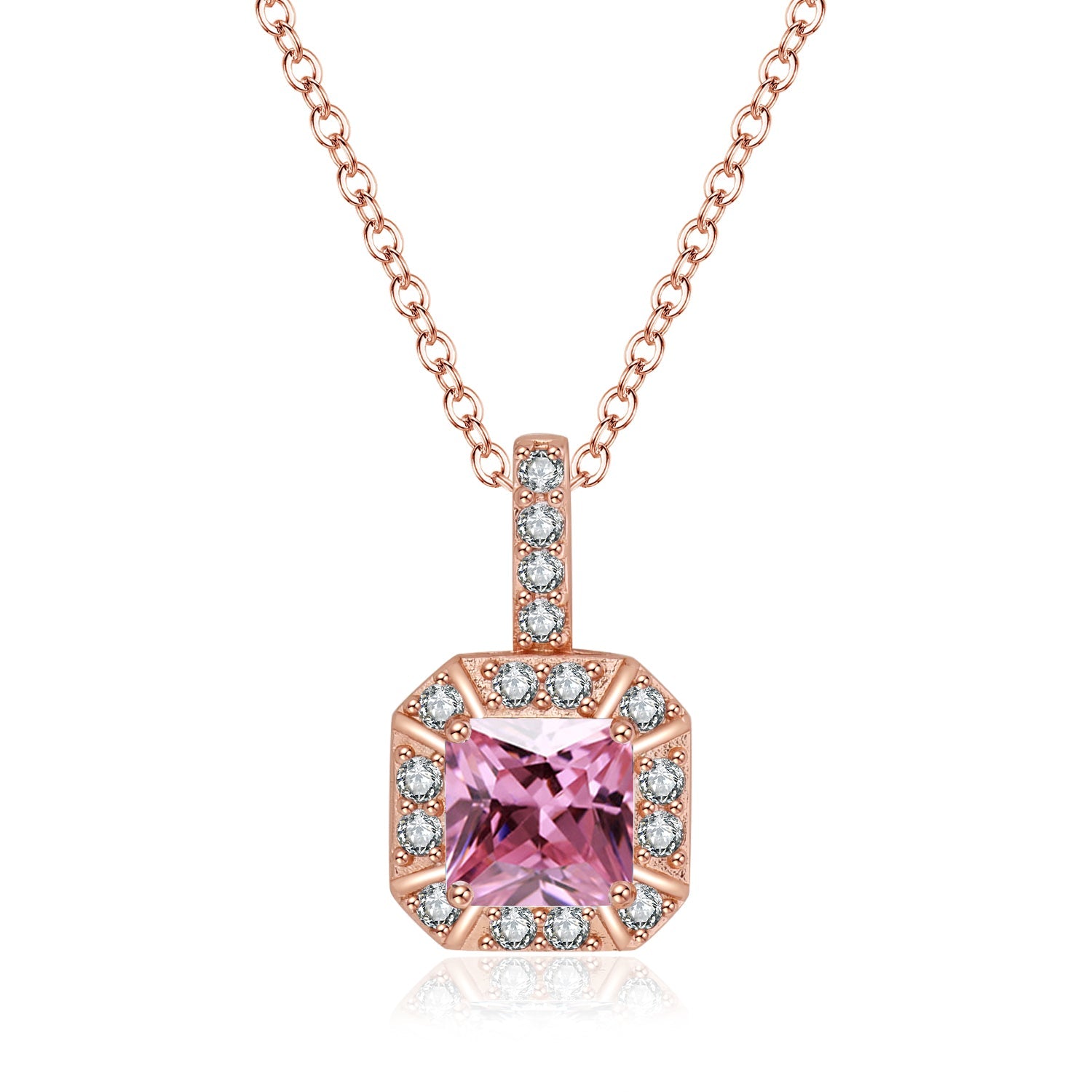 DiamondX 18K Rose Gold 1ct Halo Pink Sapphire Square 18 Inch Necklace Plated
