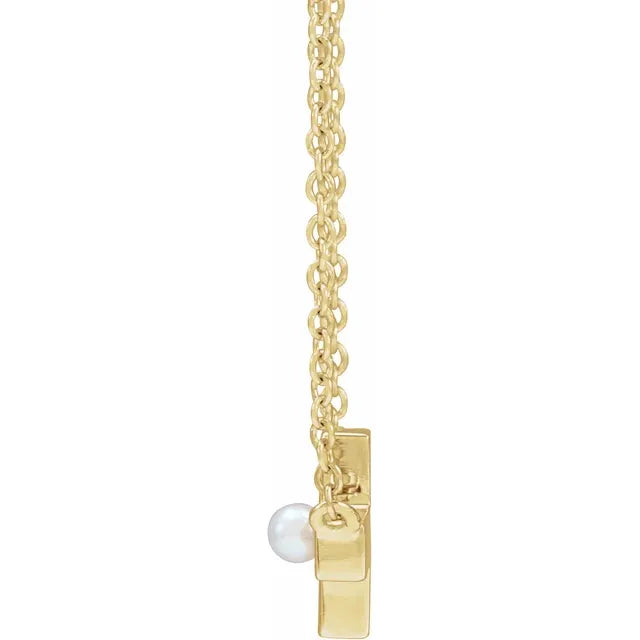 14K Yellow Gold Cultured White Seed Pearl Sideways Cross 16-18" Necklace