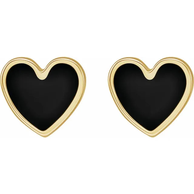 14K Yellow Gold Black Enamel Heart Earrings