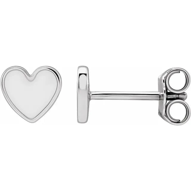 14K White Gold White Enamel Heart Earrings