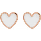 14K Rose Gold White Enamel Heart Earrings