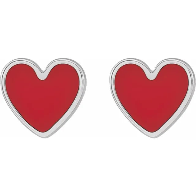 14K White Gold Red Enamel Heart Earrings
