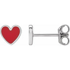 14K White Gold Red Enamel Heart Earrings