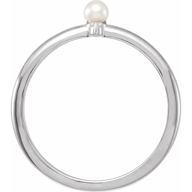 14K White Gold Cultured White Seed Pearl & .015 CT Natural Diamond Ring