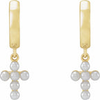 14K Yellow Gold Cultured White Seed Pearl Cross Hoop Earrings