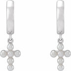 Sterling Silver Cultured White Seed Pearl Cross Hoop Earrings