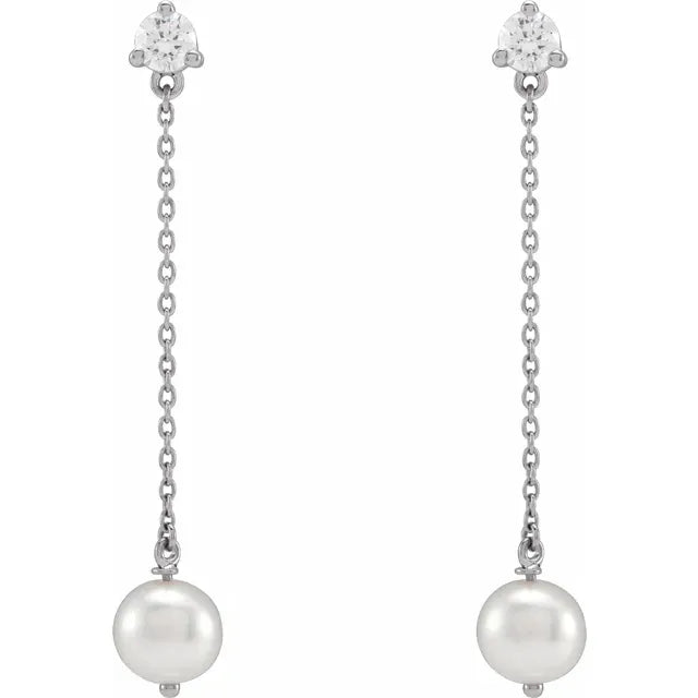 14K White Gold Cultured Freshwater Pearl & 1/2 CT Lab-Grown Diamond Earrings