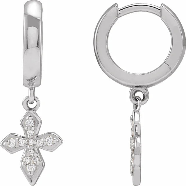 14K White Gold 1/10 CTW Natural Diamond Cross Hoop Earrings