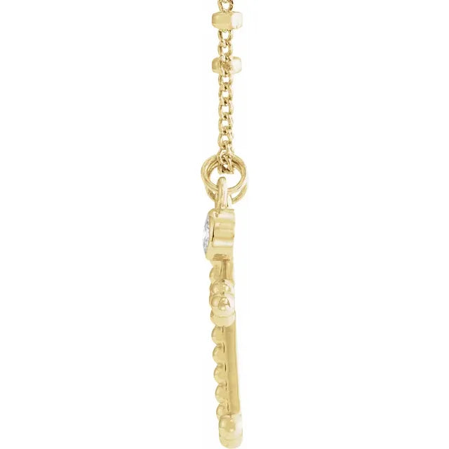14K Yellow Gold .06 CT Diamond Dangle & Beaded Cross 20" Necklace