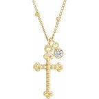 14K Yellow Gold .06 CT Diamond Dangle & Beaded Cross 20" Necklace