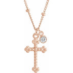 14K Rose Gold .06 CT Diamond Dangle & Beaded Cross 20" Necklace