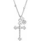 14K White Gold .06 CT Diamond Dangle & Beaded Cross 20" Necklace