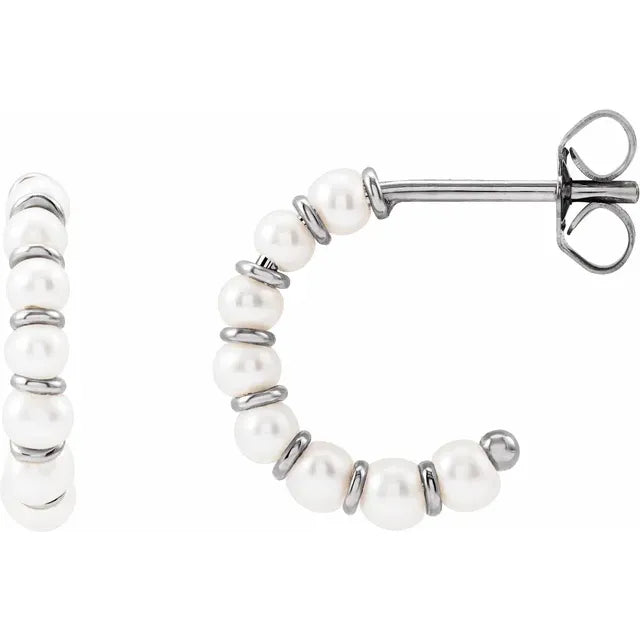 14K White Gold Cultured Freshwater Pearl Hoop Earrings