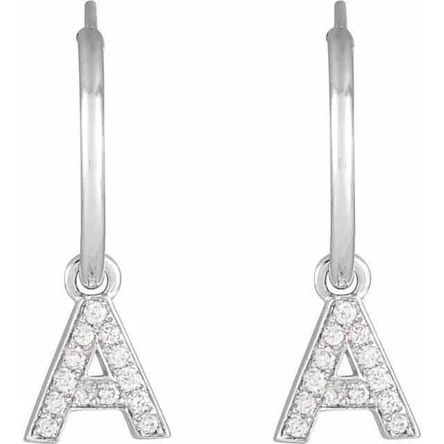 14K White Gold .05 CTW Natural Diamond Single Initial A Hoop Earring