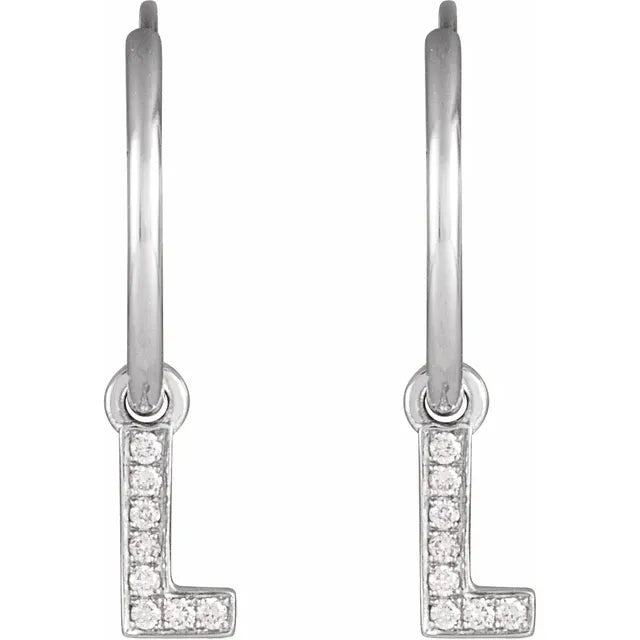 14K White Gold .03 CTW Natural Diamond Single Initial L Hoop Earring