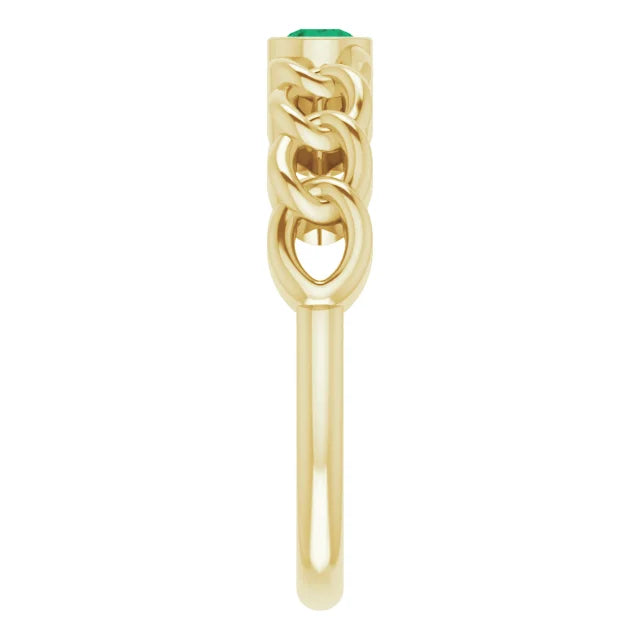 14K Yellow Gold Natural Emerald Curb Chain Ring
