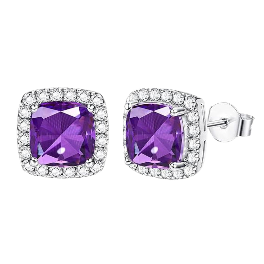 DiamondX 18k White Gold 1 Carat Created Halo Princess Sapphire Birthstone Stud Earrings All Colors Plated