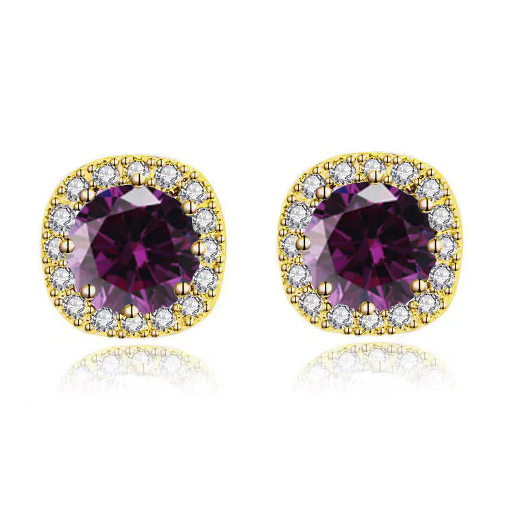 DiamondX 18k Yellow Gold 1 Carat Created Halo Round Sapphire Birthstone Stud Earrings All Colors Plated