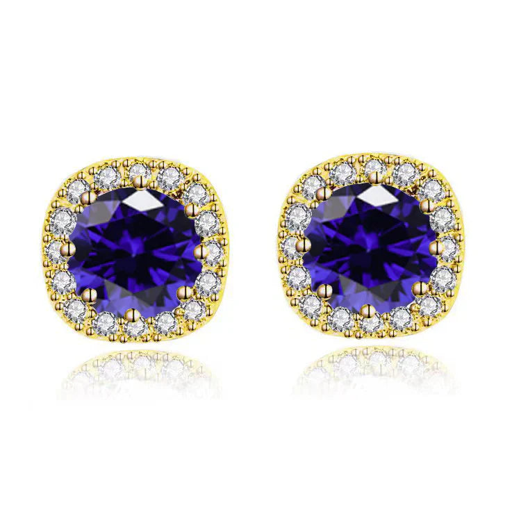 DiamondX 18k Yellow Gold 1 Carat Created Halo Round Sapphire Birthstone Stud Earrings All Colors Plated