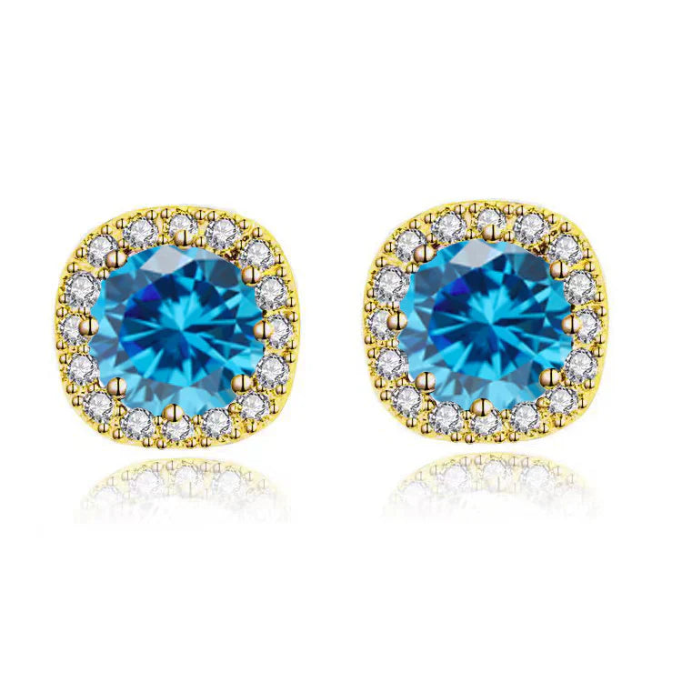 DiamondX 18k Yellow Gold 1 Carat Created Halo Round Sapphire Birthstone Stud Earrings All Colors Plated