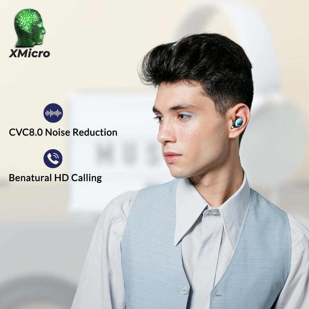 XMicro Bluetooth 5.3 Earbuds 140H Playtime Headphones HD Stereo Noise Cancelling Earphones in Ear with Mic, USB-C Charging Case