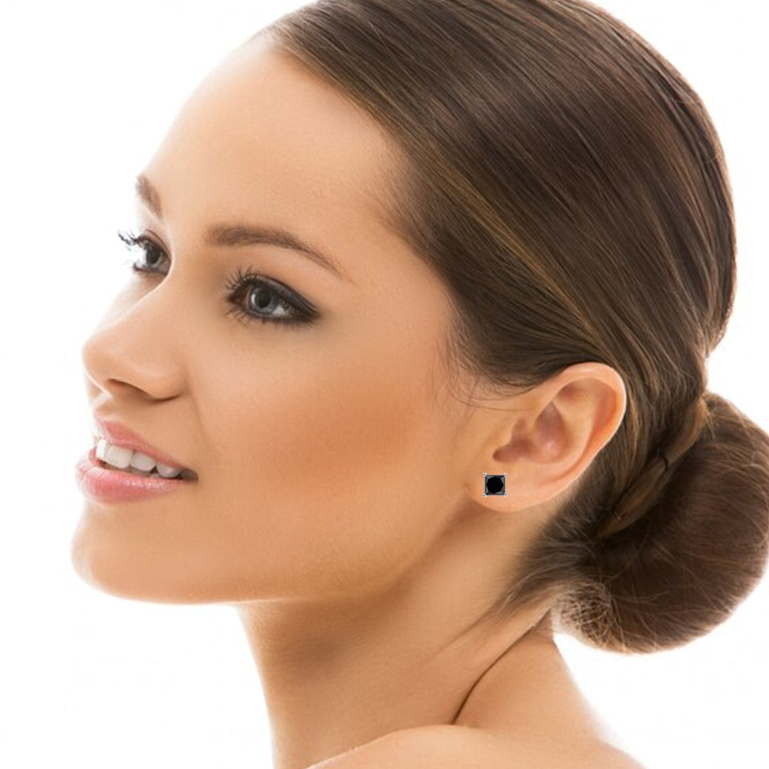 10k White Gold Plated Created Black Diamond Princess Cut Stud Earrings 4mm