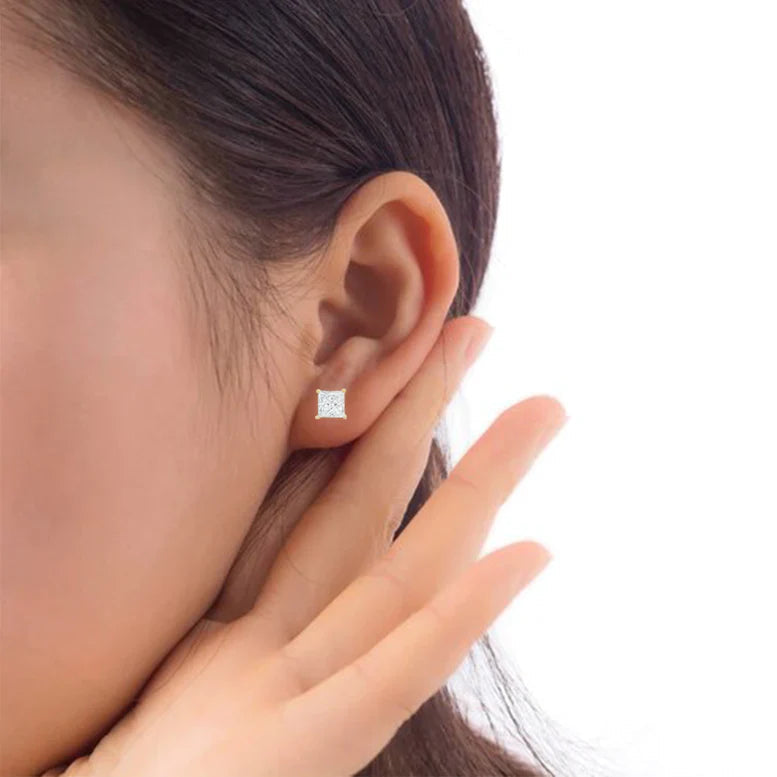 DiamondX 14k Yellow Gold 3/4Ct Solitaire Princess Created White Diamond (G-H, I1) Stud Earrings