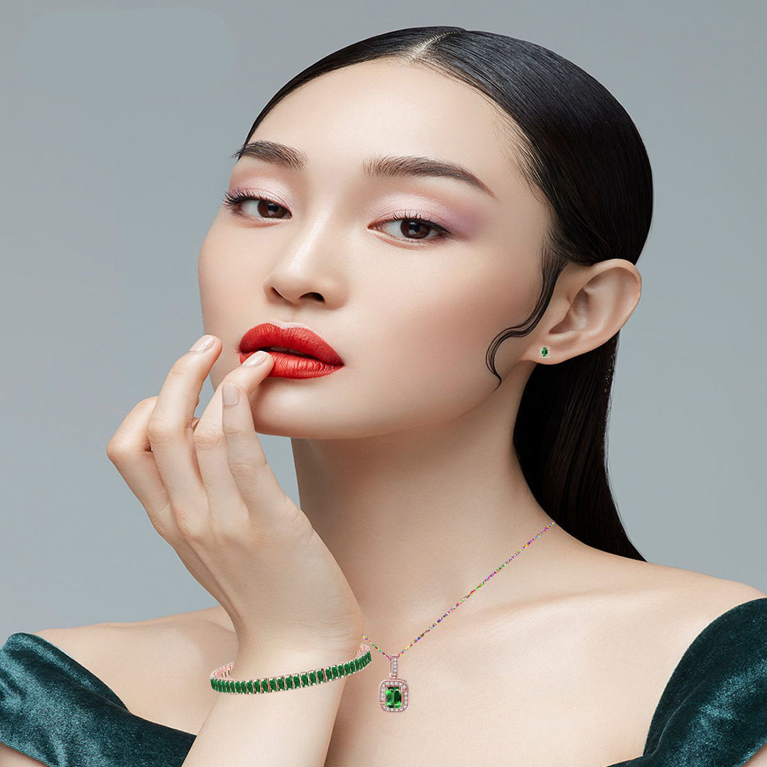 18K Rose Gold Created Emerald Princess Halo Pendant Necklace, Earrings and Tennis Bracelet Jewelry Set Plated