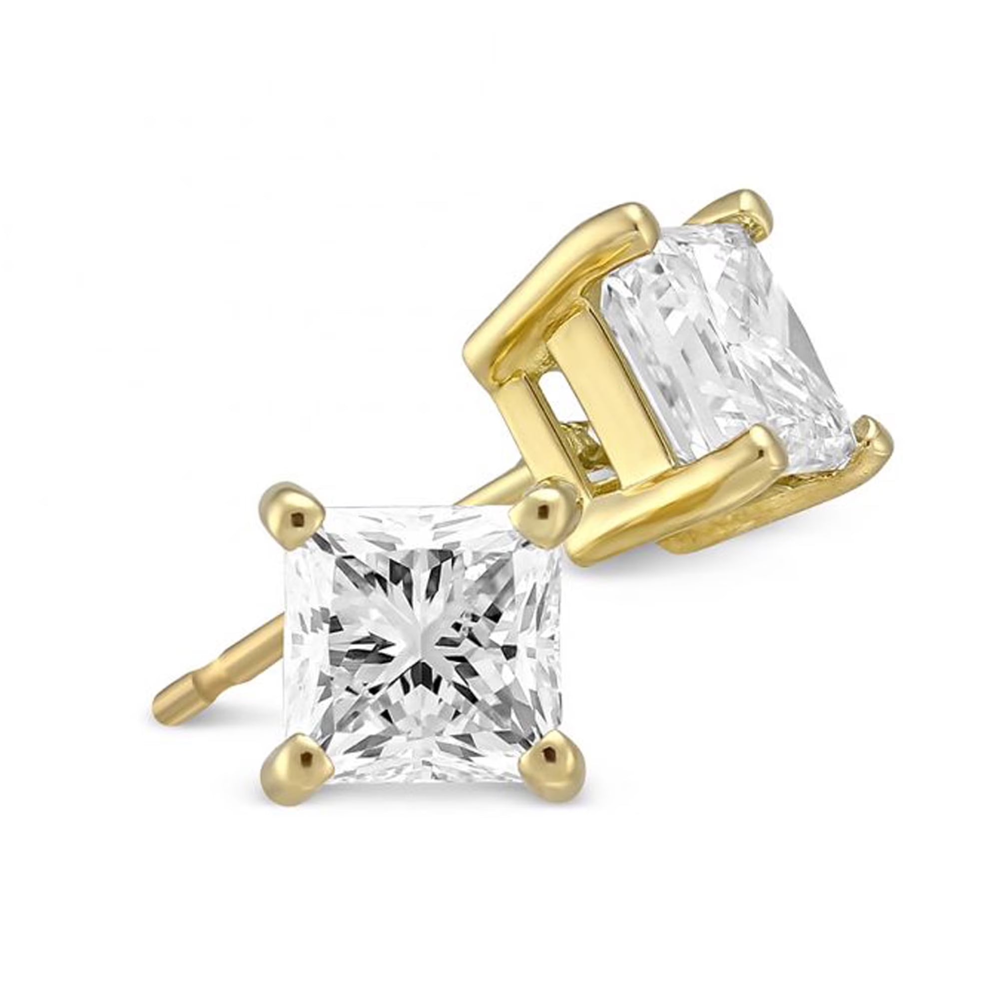 14k Yellow Gold 1/4Ct Solitaire Princess Created White Diamond (G-H, I1) Stud Earrings Plated by DiamondX