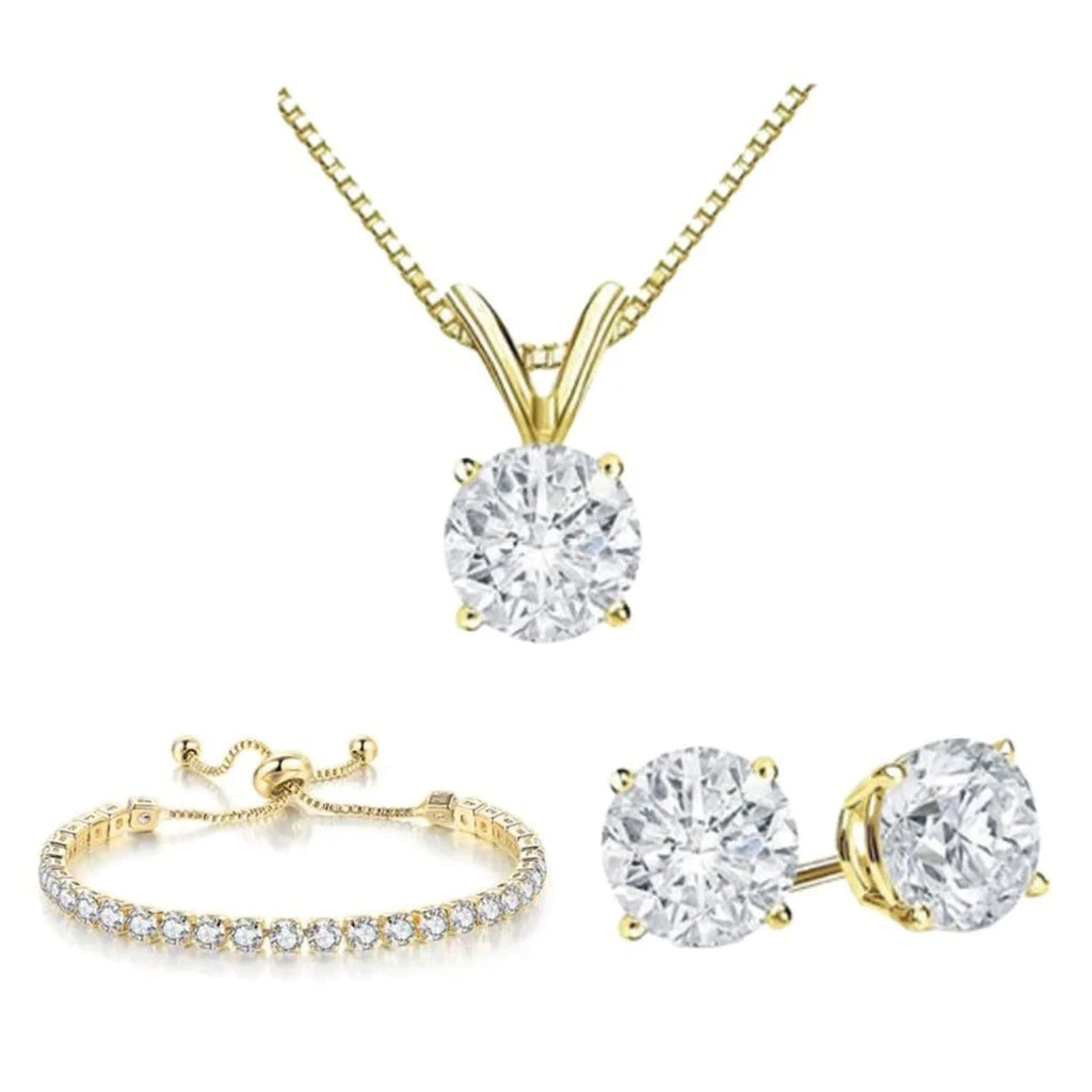 DiamondX 18K Yellow Gold Created White Sapphire Round Necklace, Earrings & Tennis Bracelet Set Women plated