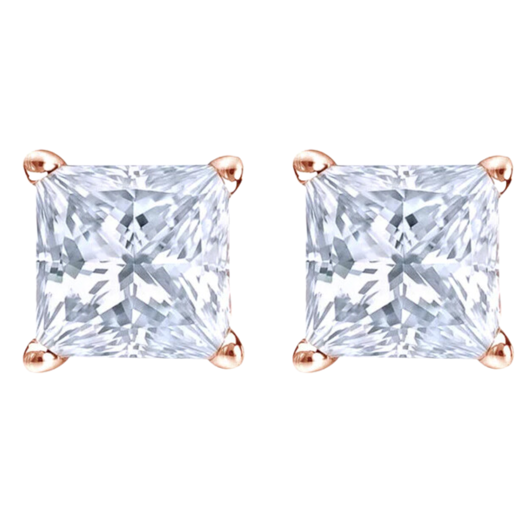 14k White and Rose Gold 1/2 Carat Solitaire Created Diamond 2 Pair Round and Princess Stud Earrings
