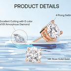 DiamondX 14K Rose Solid Gold Created White Diamond Round 1/4Ct, 1/2Ct, 1Ct, 2Ct, 3Ct Stud Earrings - D/VVS1