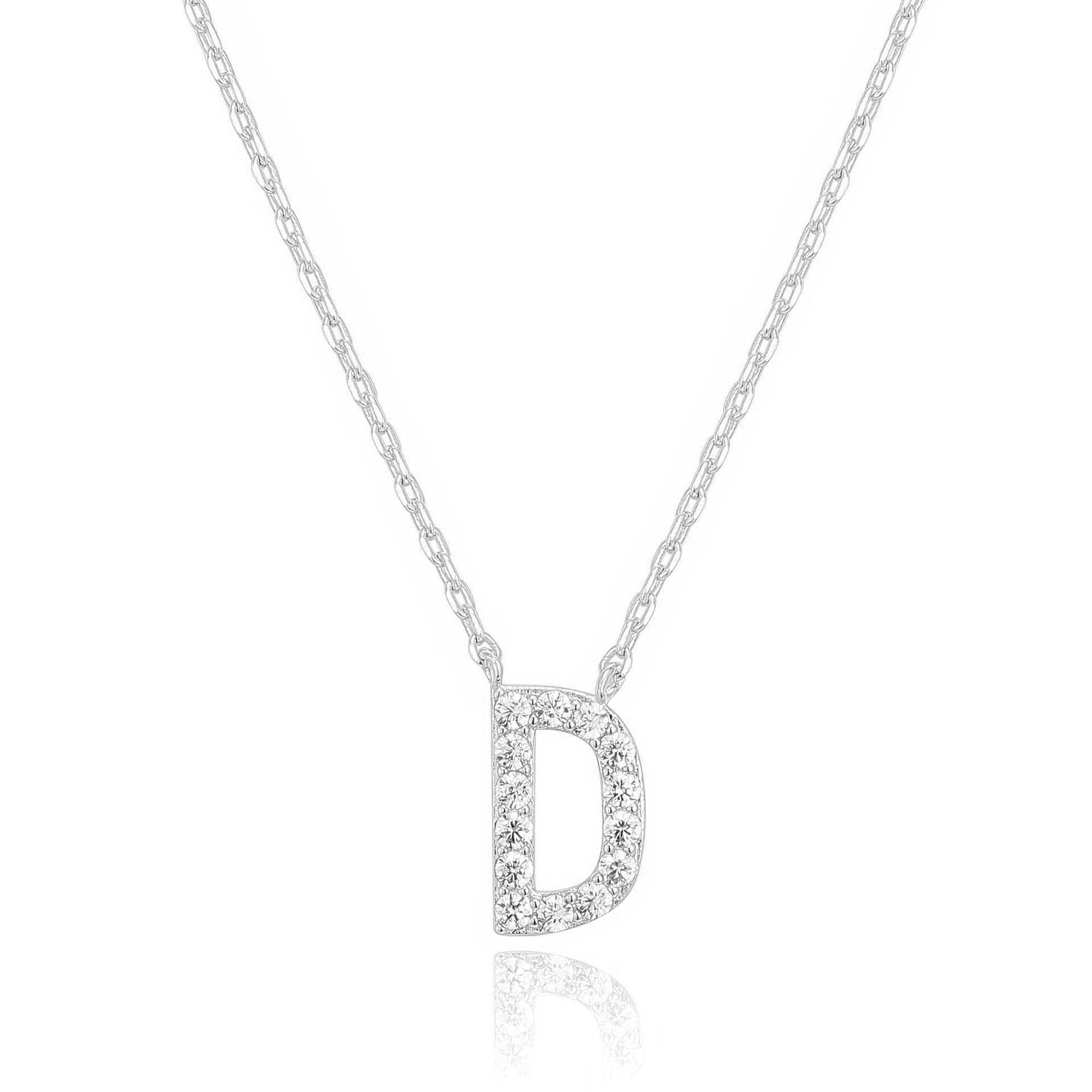 14k White Gold Created White Sapphire Initial D Letter Pendant Necklace Plated