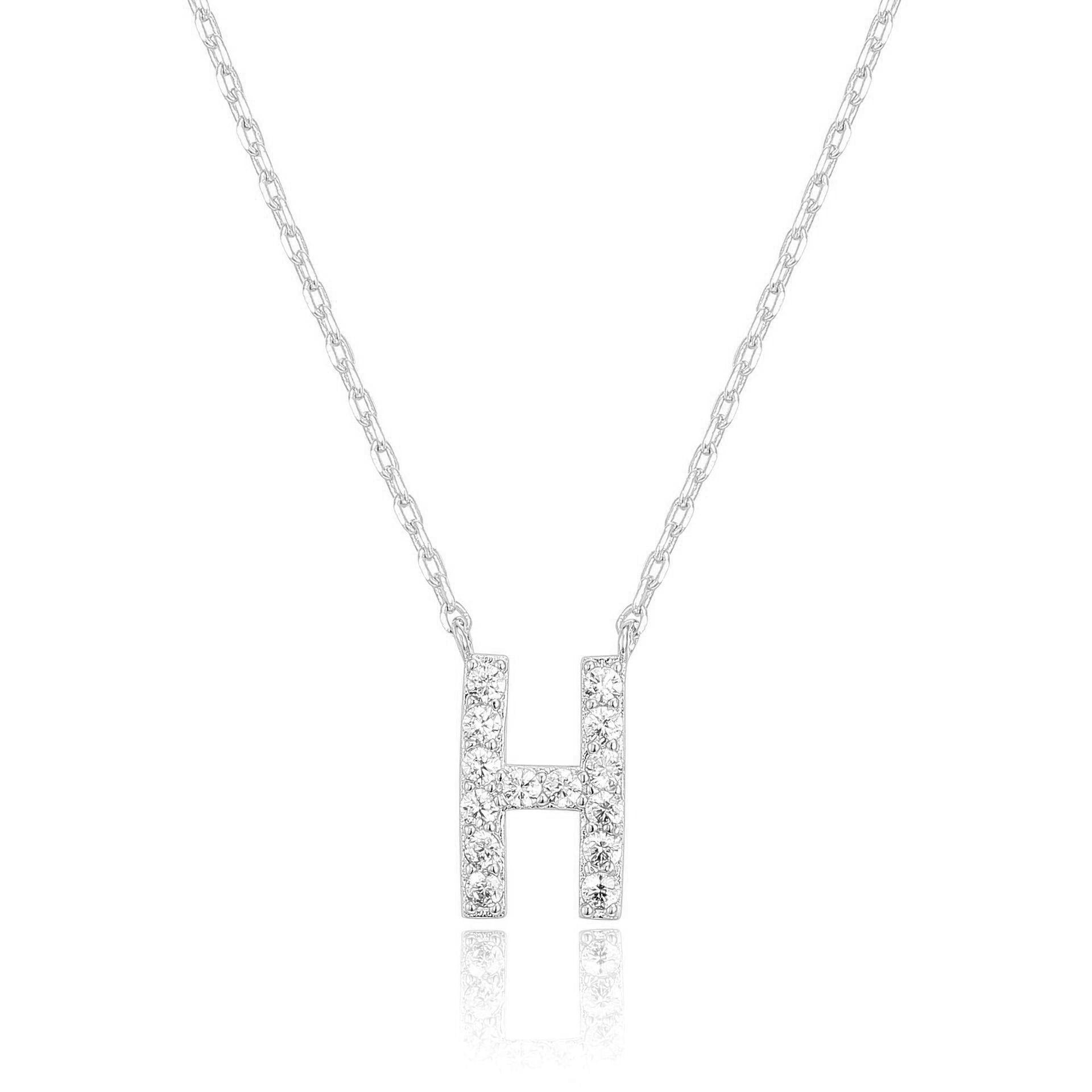 14k White Gold Created Diamond Initial H Letter Pendant Necklace Plated