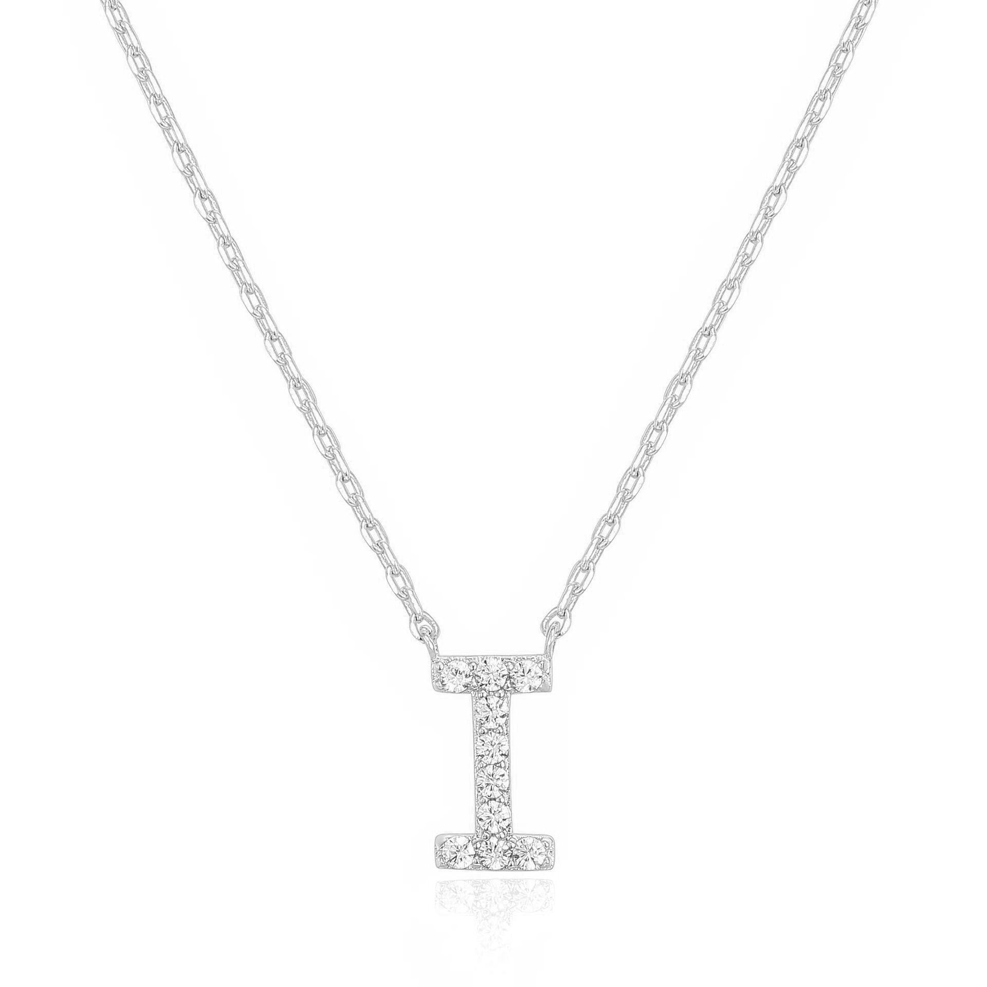 14k White Gold Created White Sapphire Initial I Letter Pendant Necklace Plated