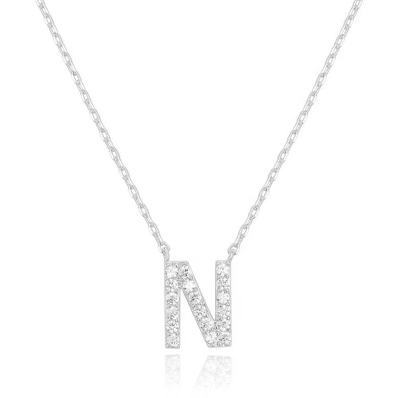 DiamondX 18K White Gold A-Z Alphabet Created White Sapphire Necklace Initial Plated