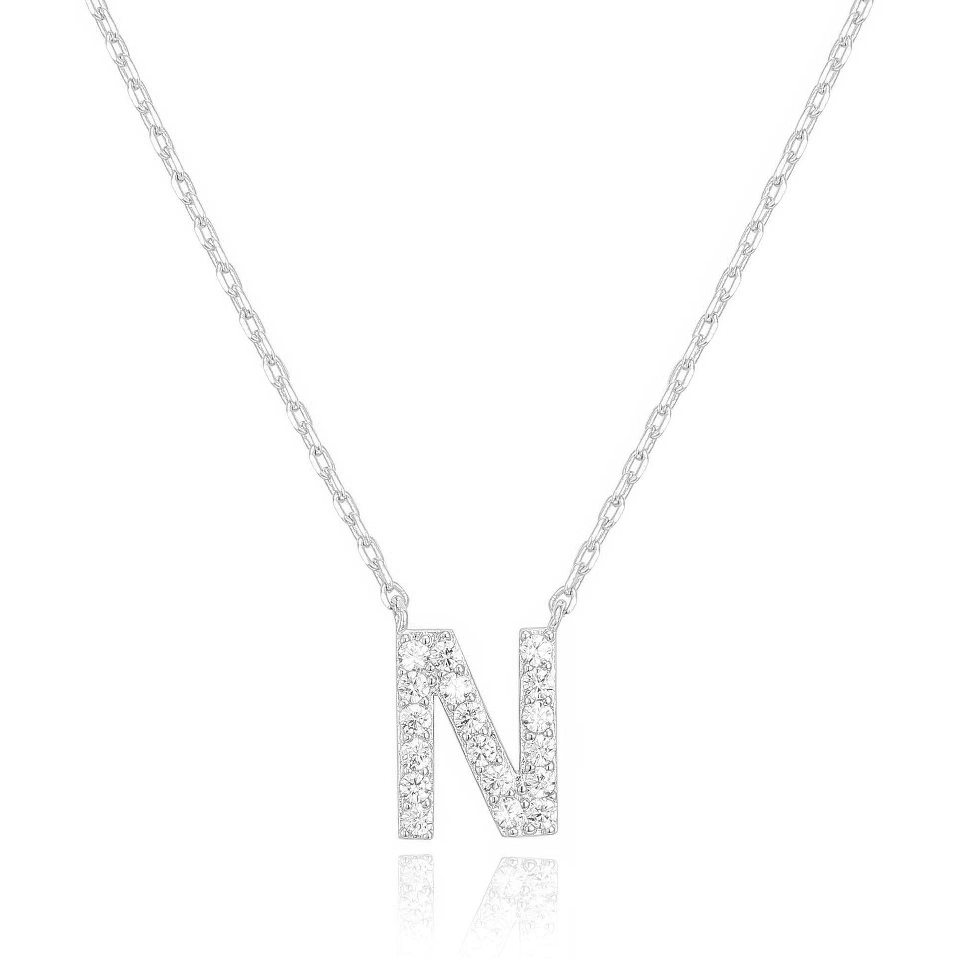 14k White Gold Created White Sapphire Initial N Letter Pendant Necklace Plated