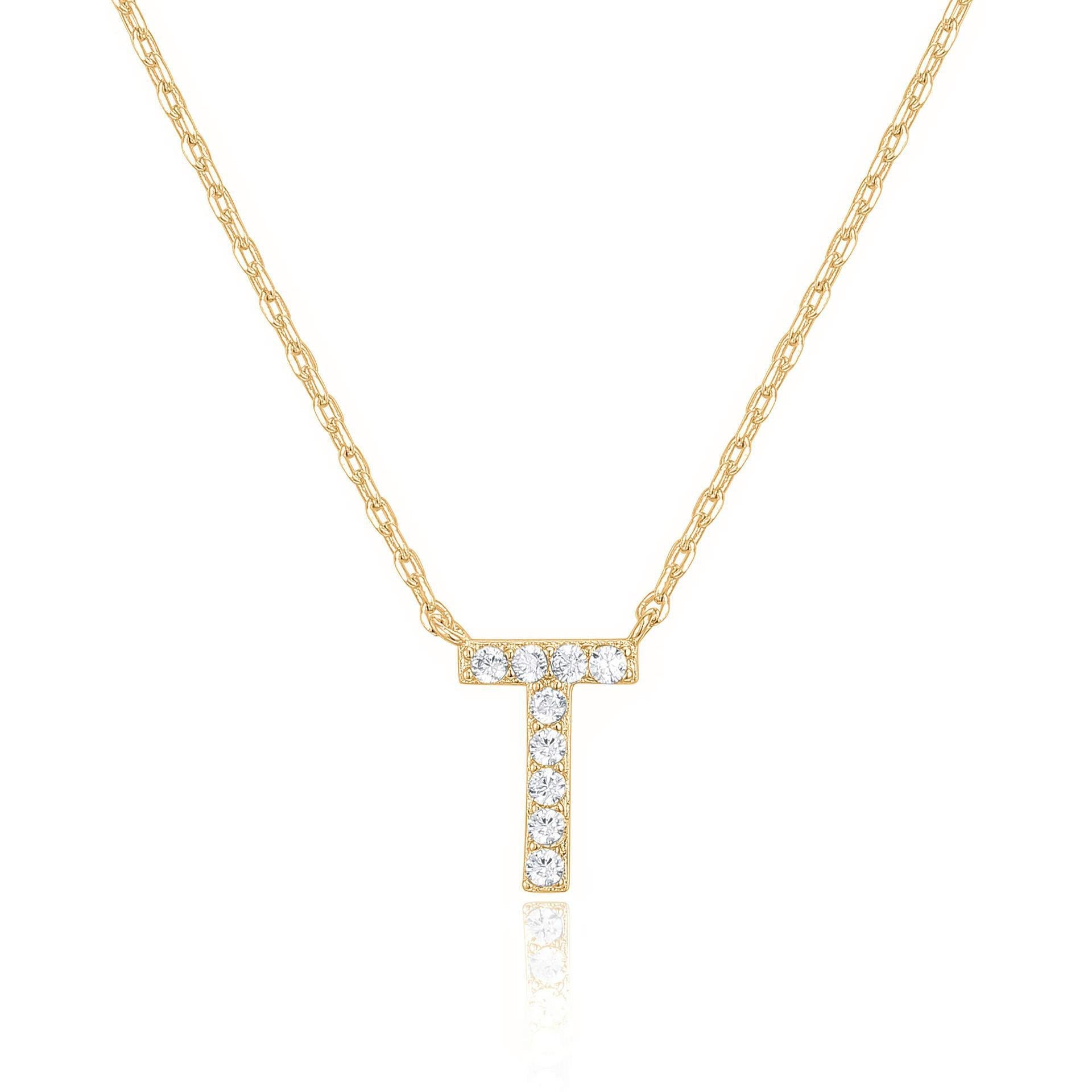 14k Yellow Gold Created White Sapphire Initial T Letter Pendant Necklace Plated