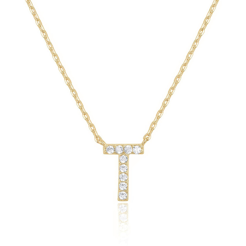 14k Yellow Gold Created Diamond Initial T Letter Pendant Necklace Plated