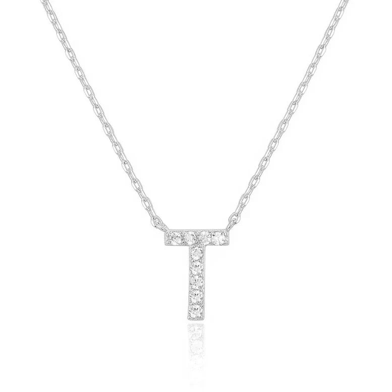 DiamondX 18K White Gold A-Z Alphabet Created White Sapphire Necklace Initial Plated