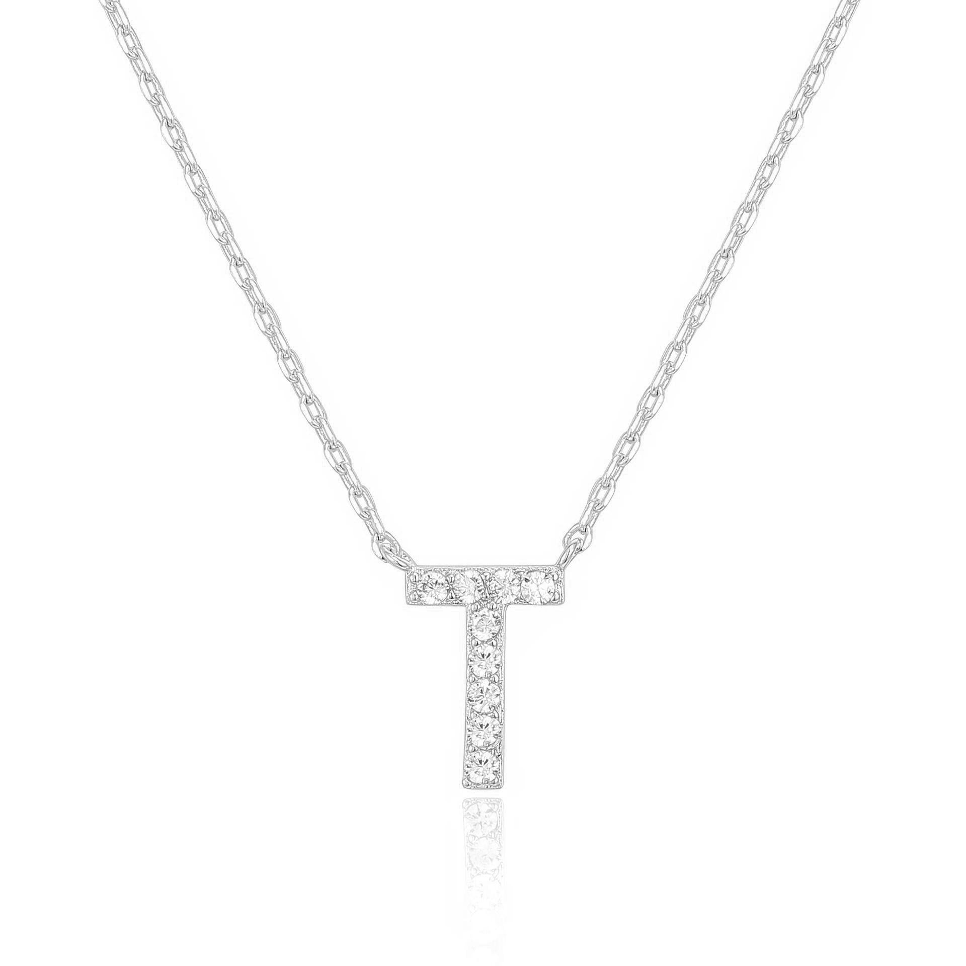 14k White Gold Created Diamond Initial T Letter Pendant Necklace Plated