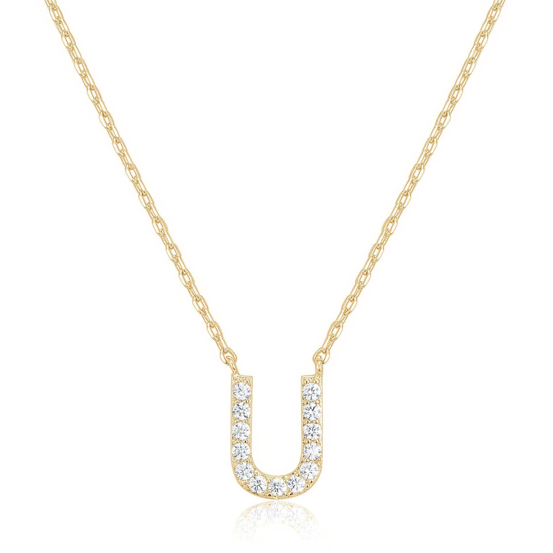 14k Yellow Gold Created White Sapphire Initial U Letter Pendant Necklace Plated
