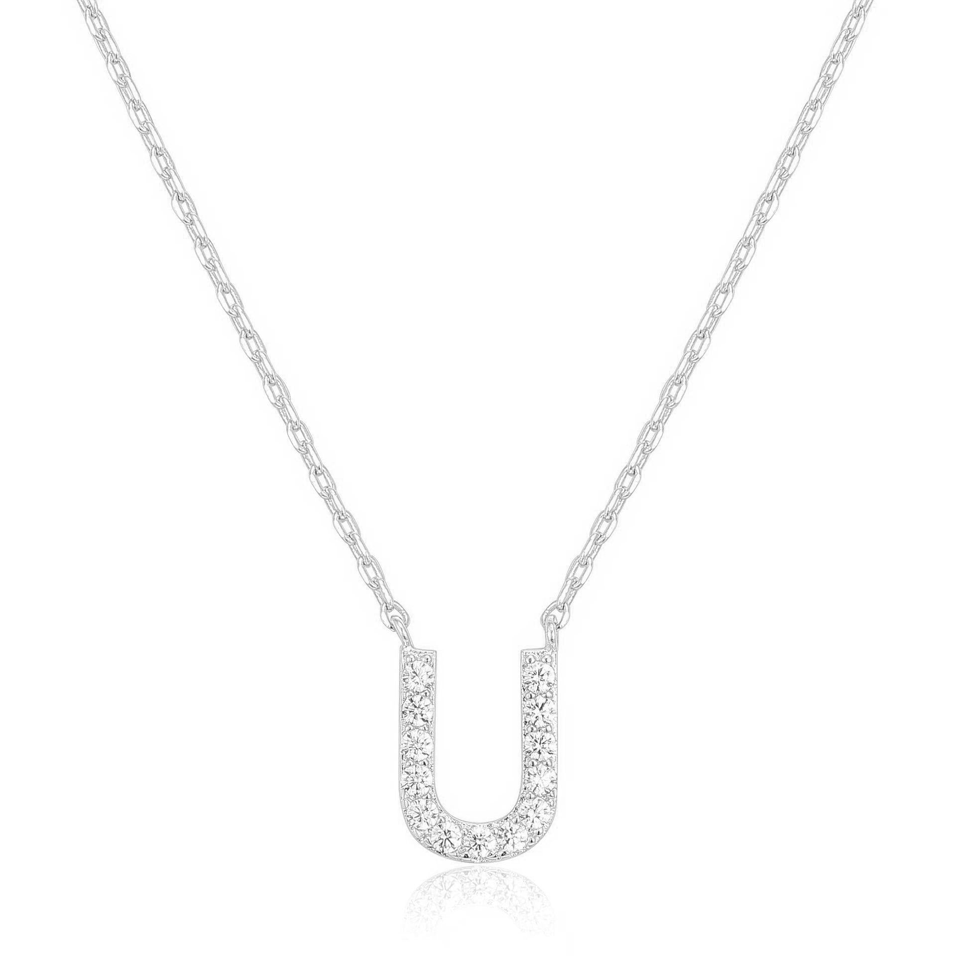 14k White Gold Created White Sapphire Initial U Letter Pendant Necklace Plated